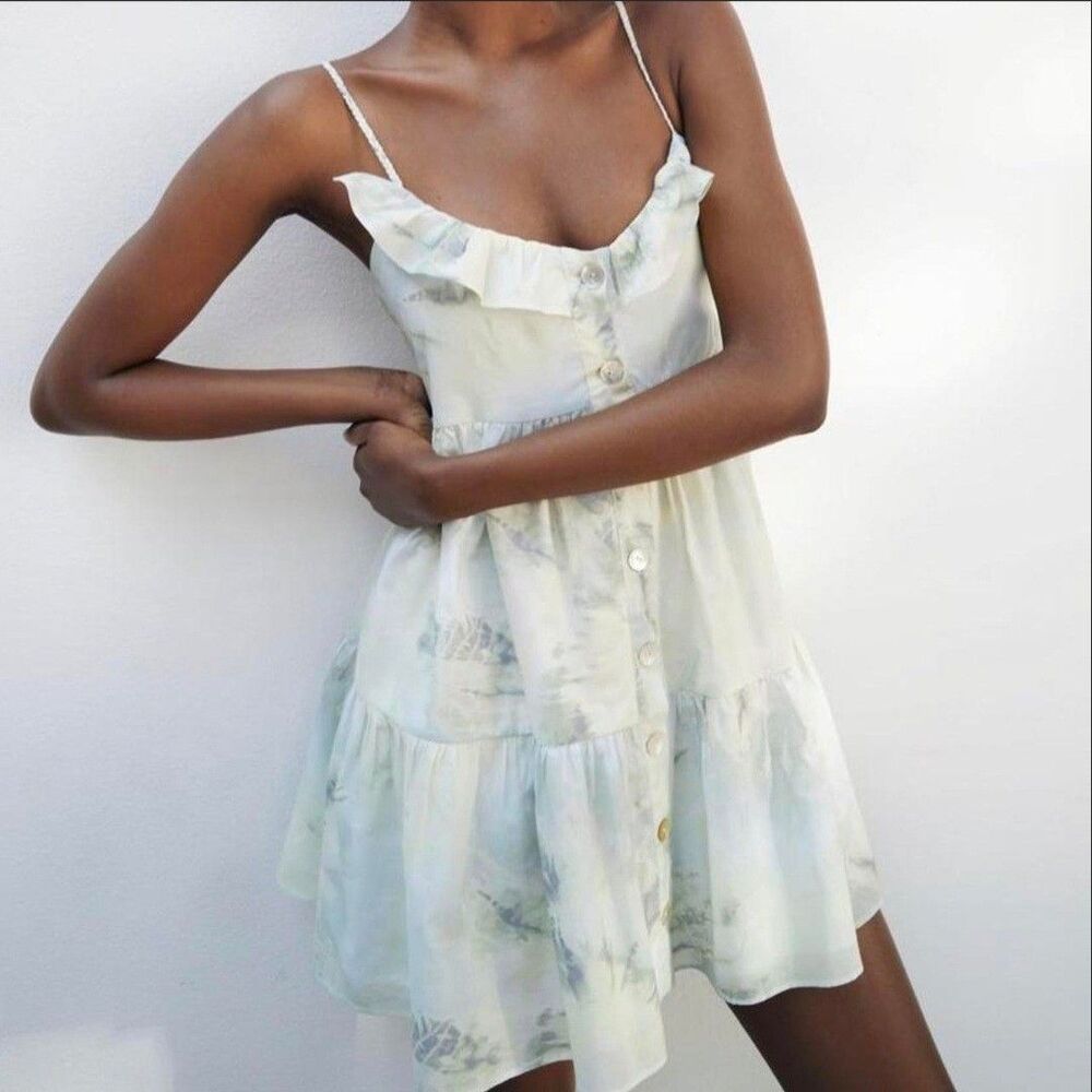 Zara Strappy Tie Dye Tiered Babydoll Mini Dress Lined XS Green Blue EUC Cottage
